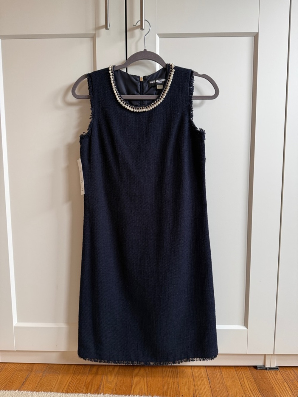 Karl Lagerfeld Navy Sleeveless Tweed Dress with Pearl-Neck Trim
